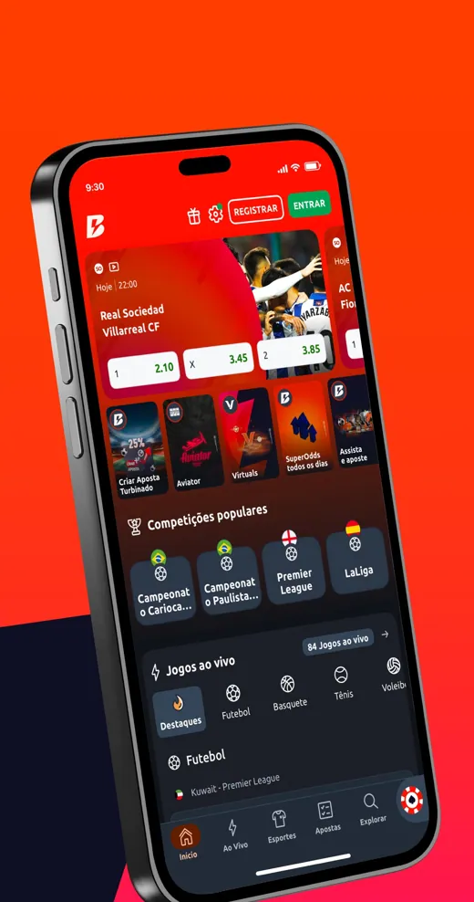 Tela inicial do aplicativo Betano com jogos ao vivo, competições populares e opções de apostas esportivas.
