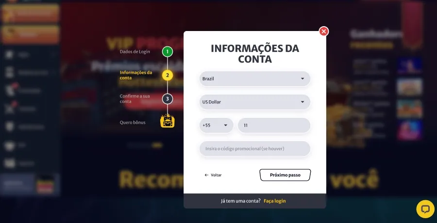 Formulário de cadastro do Hellspin com etapa de informações da conta